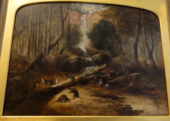 John Skinner Prout "Bush landscape with waterfall and an aborigine stalking native animals" 1860 r. Art Gallery of New South Wales Sydney.